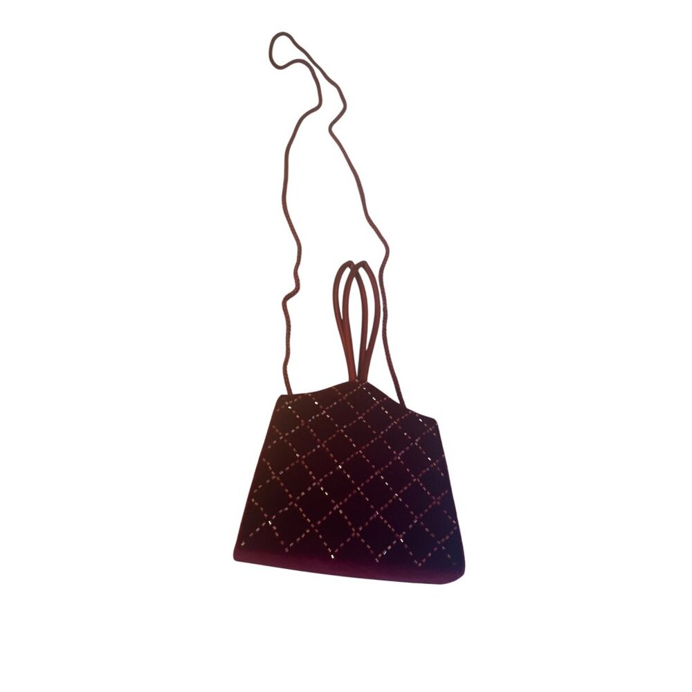 Vintage Burgundy Wine Velvet Diamond Patterned‎ Evening Bag Sparkle Wrist Strap